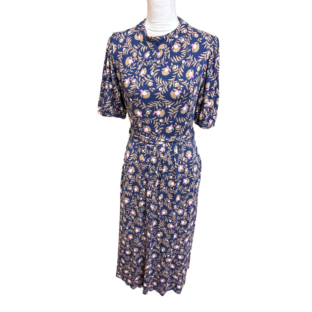 Boden Blue Flora Jersey Puff Sleeve Tie Waist Midi Dress Cottagecore Preppy 10 - Picture 2 of 13